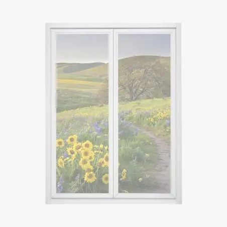 Fensteraufkleber pfad durch blumenwiese mit eichenbaum – Wallnifity®