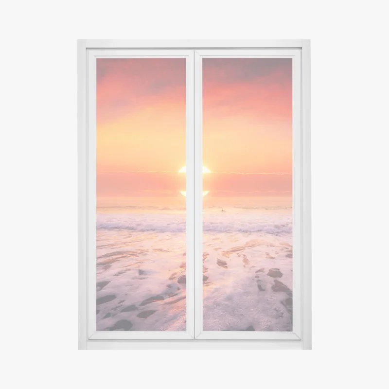 Fensteraufkleber goldener sonnenuntergang über ruhigem strand