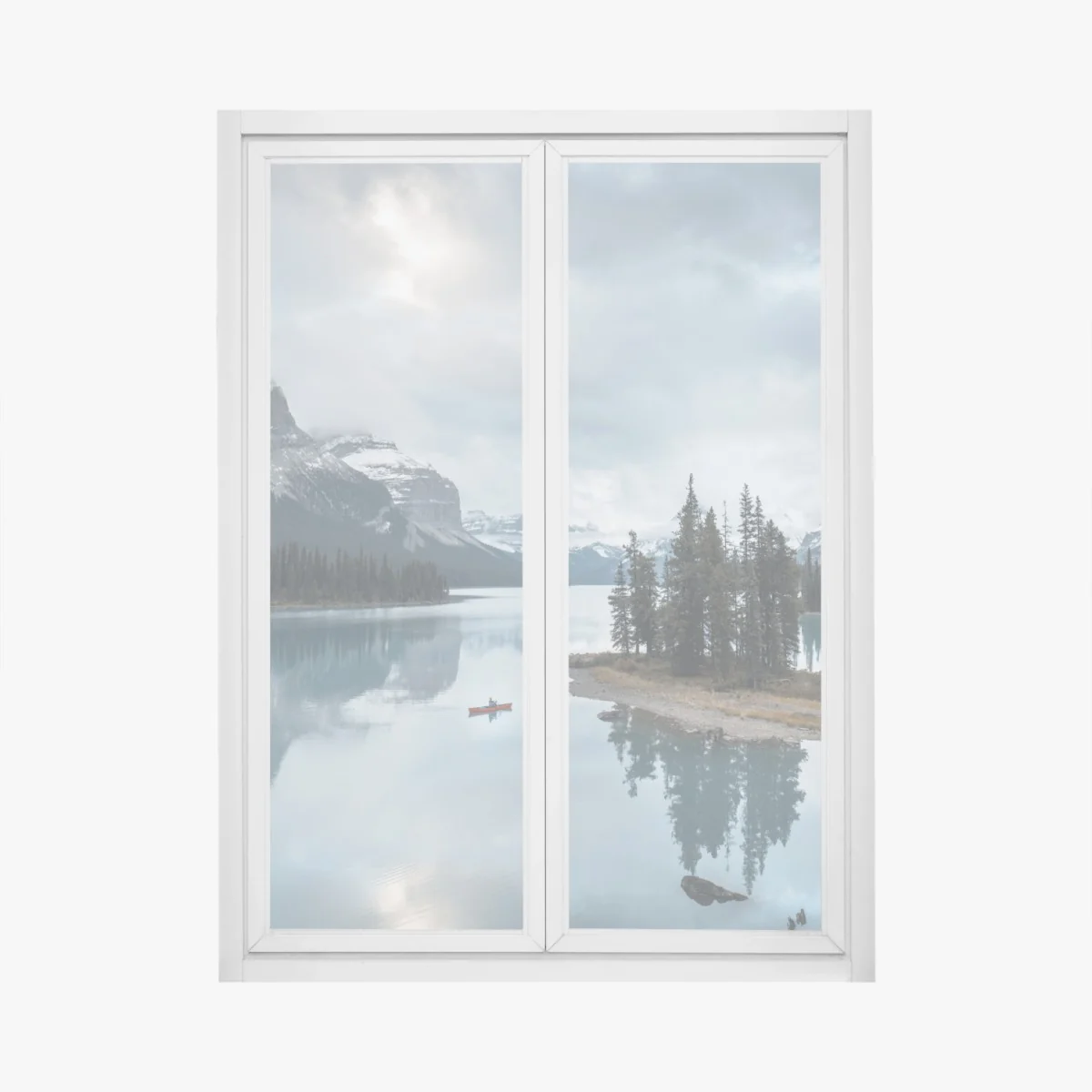 Fensteraufkleber ruhiger alpensee mit insel und kajak – Wallnifity®