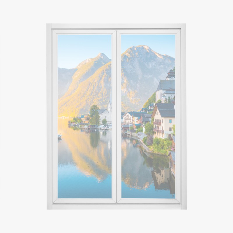Fensteraufkleber morgendlicher lichtglanz über Hallstatt am see