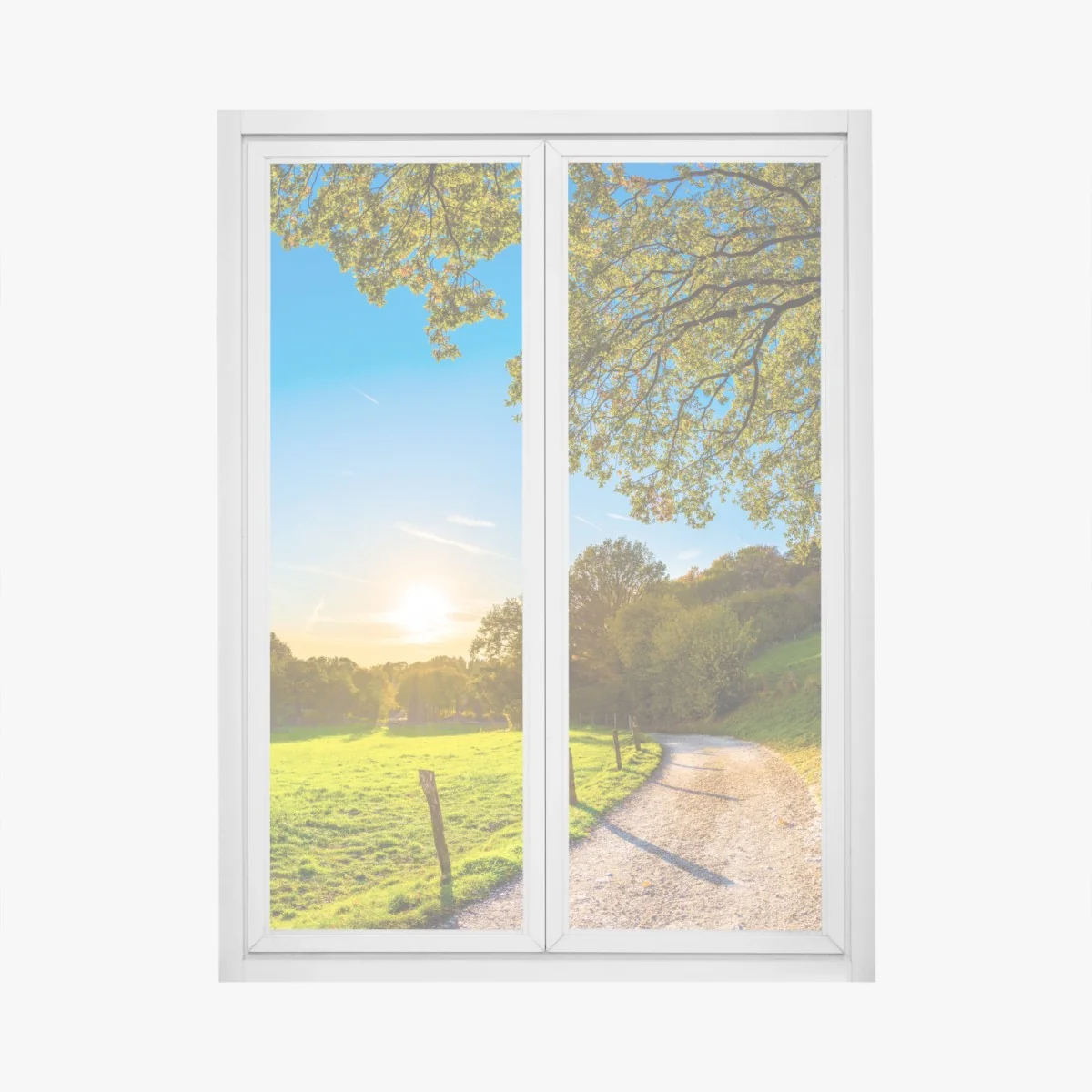 Fensteraufkleber sonnenbeschienene wiese mit landweg bei sonnenuntergang – Wallnifity®