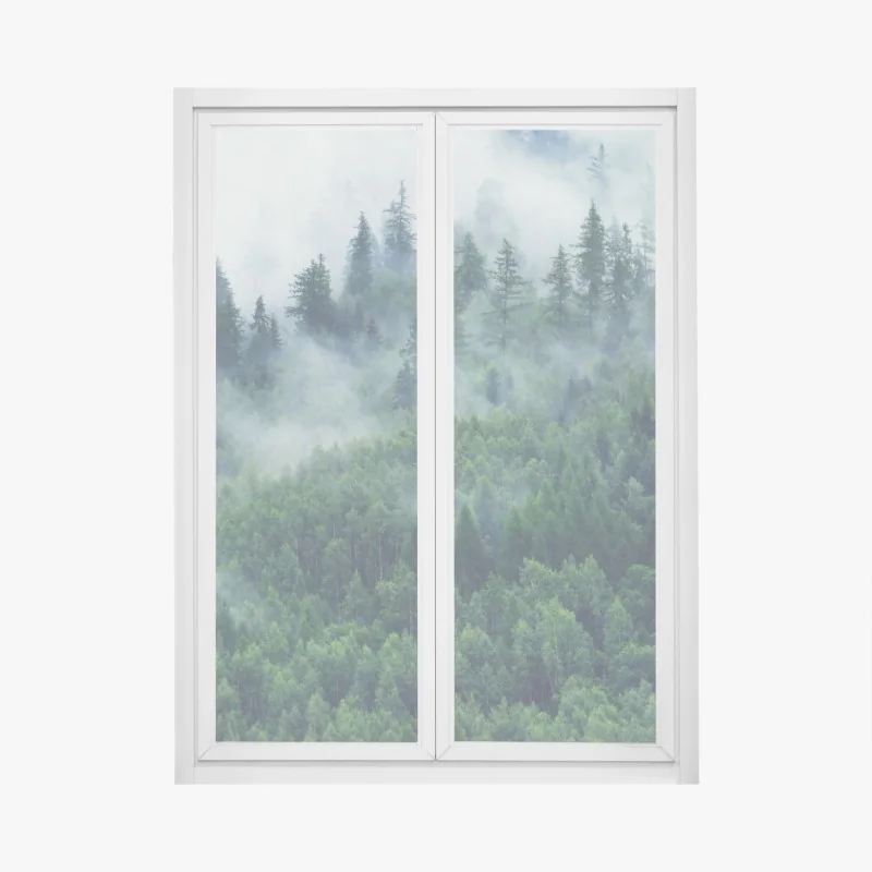 Fensteraufkleber nebliger grüner wald