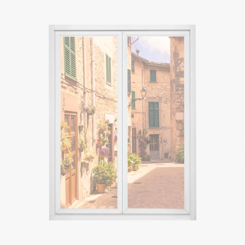 Fensteraufkleber sonnige mediterrane gasse mit blumentöpfen