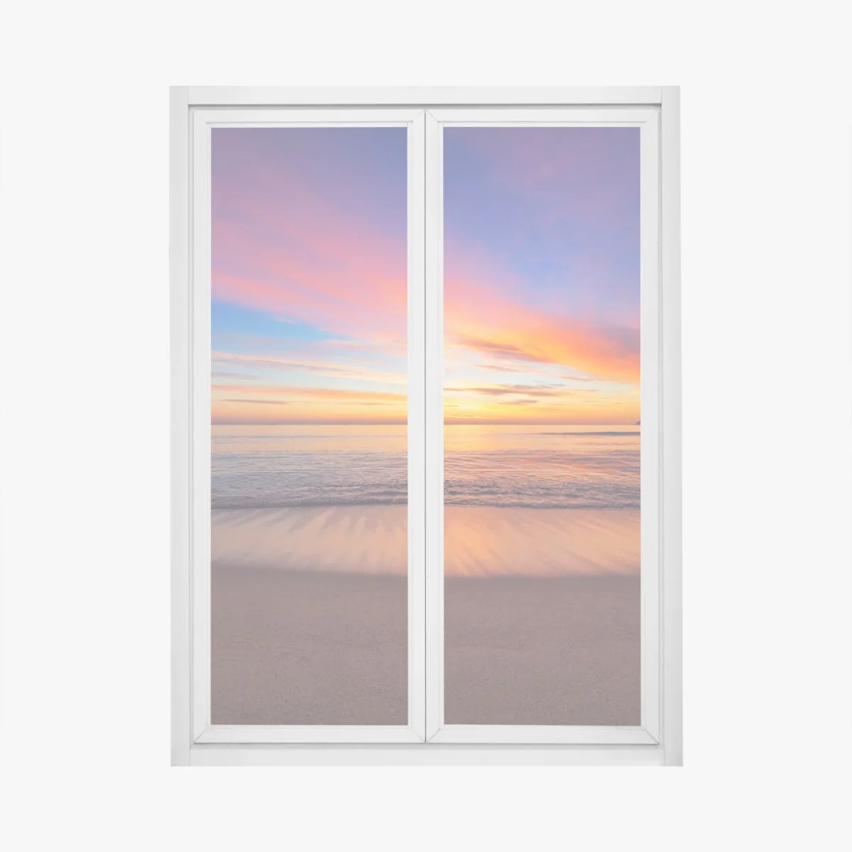 Fensteraufkleber lebendiger sonnenaufgang über einem ruhigen strand – Wallnifity®