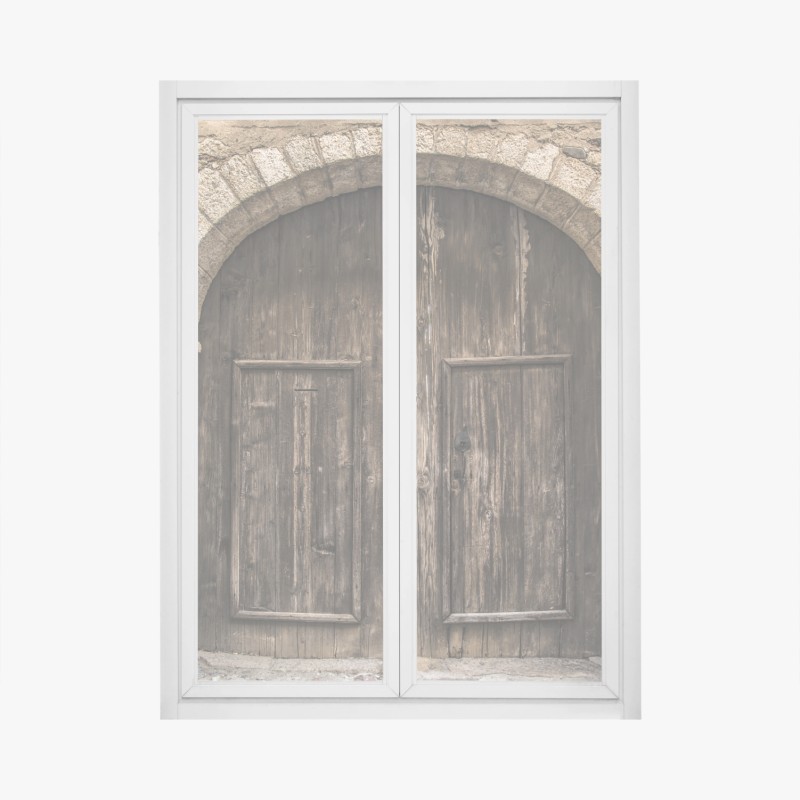 Fensteraufkleber rustikale holztür mit steinbogen
