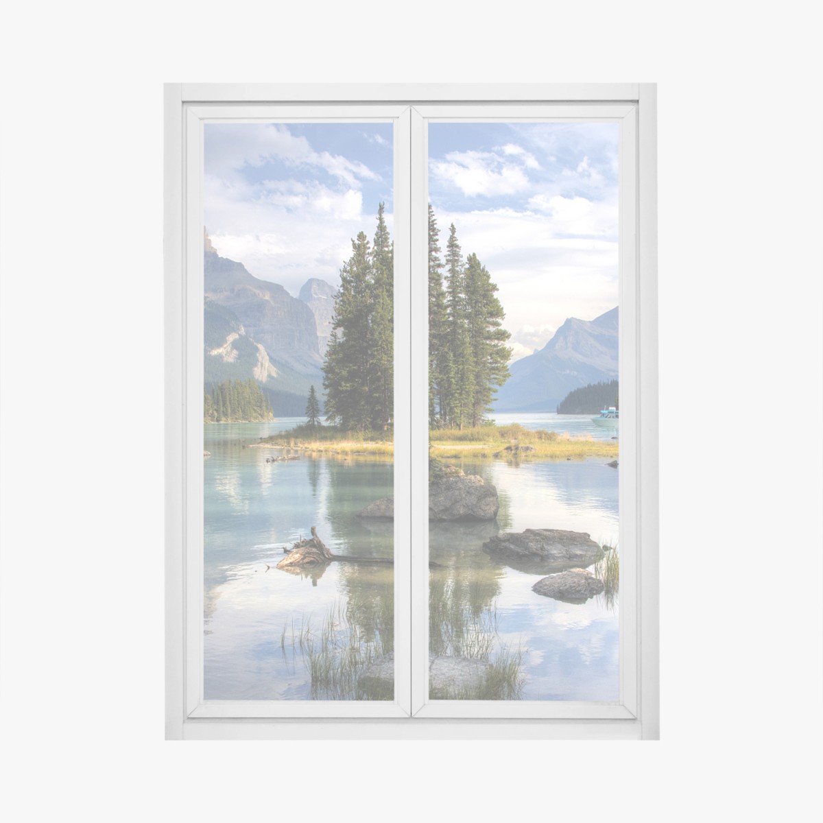 Fensteraufkleber ruhiger alpensee mit insel und bergen – Wallnifity®