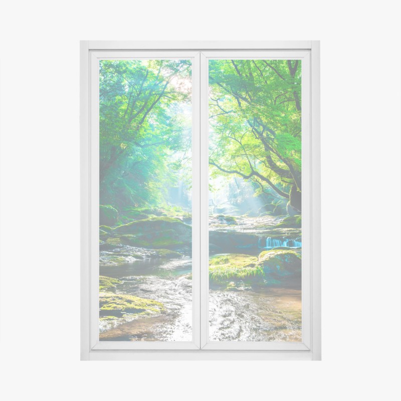 Fensteraufkleber sonnendurchfluteter waldbach mit moosbedeckten steinen