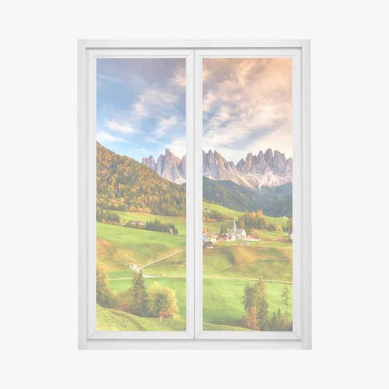 Fensteraufkleber herbstlicher sonnenuntergang über Santa Maddalena, Dolomiten