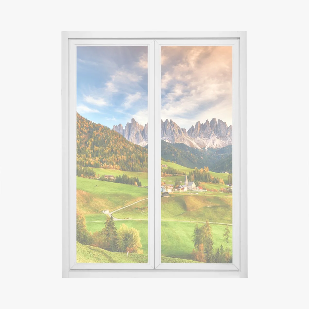 Fensteraufkleber herbstlicher sonnenuntergang über Santa Maddalena, Dolomiten – Wallnifity® Fensteraufkleber herbstlicher sonnenuntergang über Santa Maddalena, Dolomiten – Wallnifity®