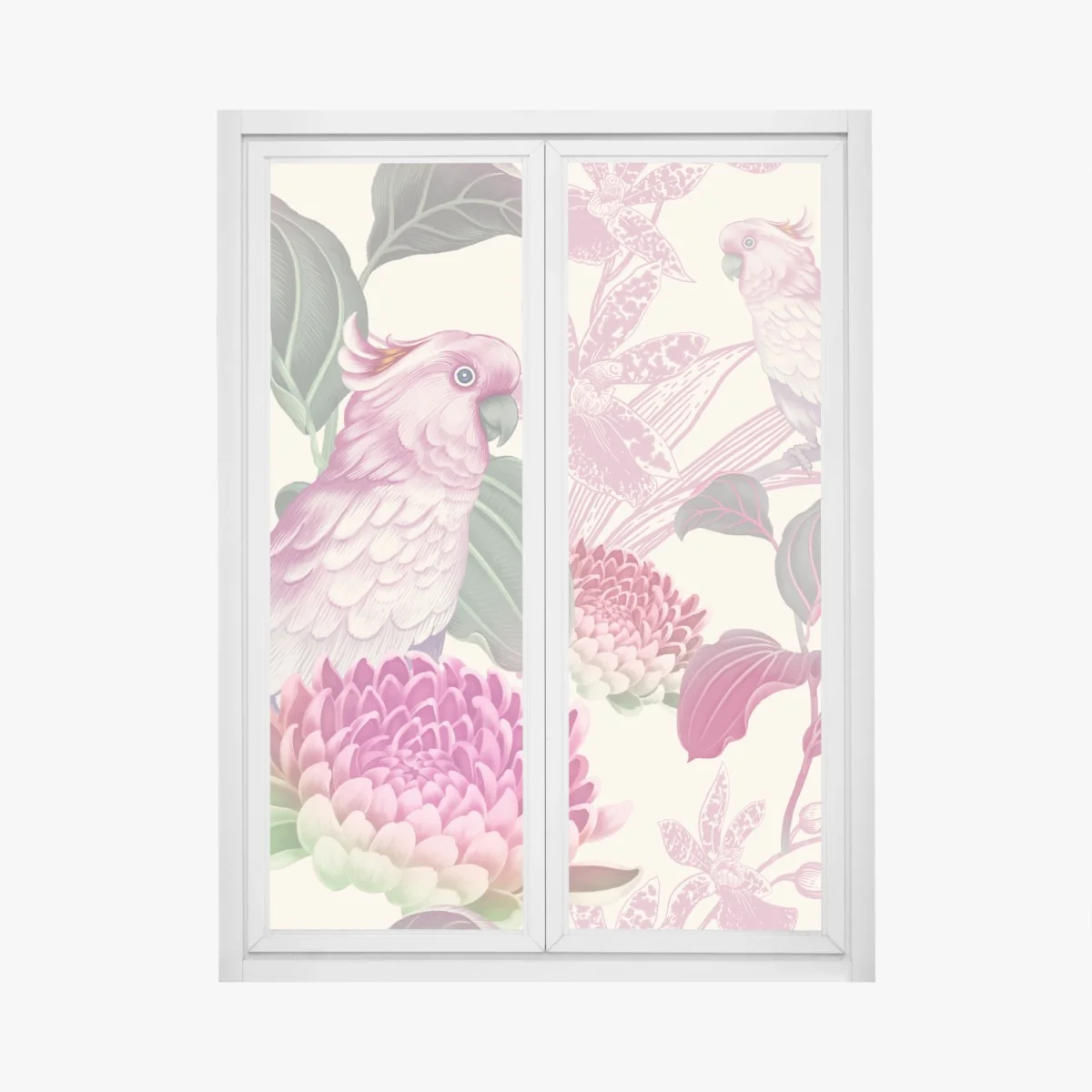 Fensteraufkleber rosa papagei und chrysantheme - botanisches motiv – Wallnifity®