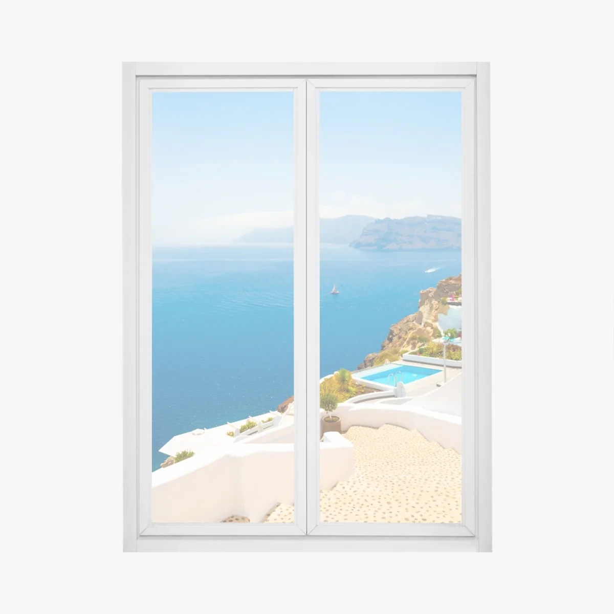 Fensteraufkleber Santorini küstenblick mit weißer architektur – Wallnifity®