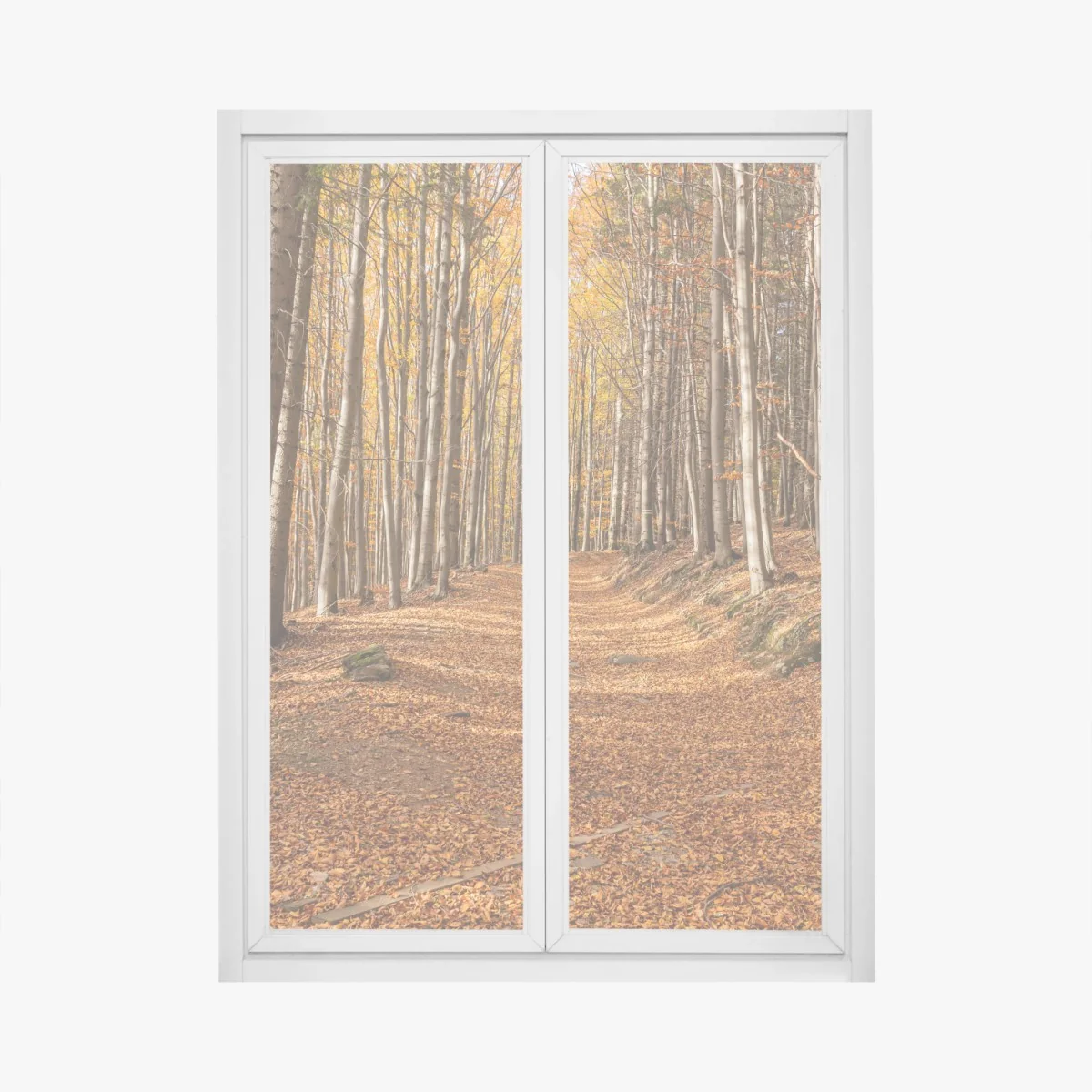 Fensteraufkleber herbstlicher waldweg mit goldenen blättern – Wallnifity® Fensteraufkleber herbstlicher waldweg mit goldenen blättern – Wallnifity®