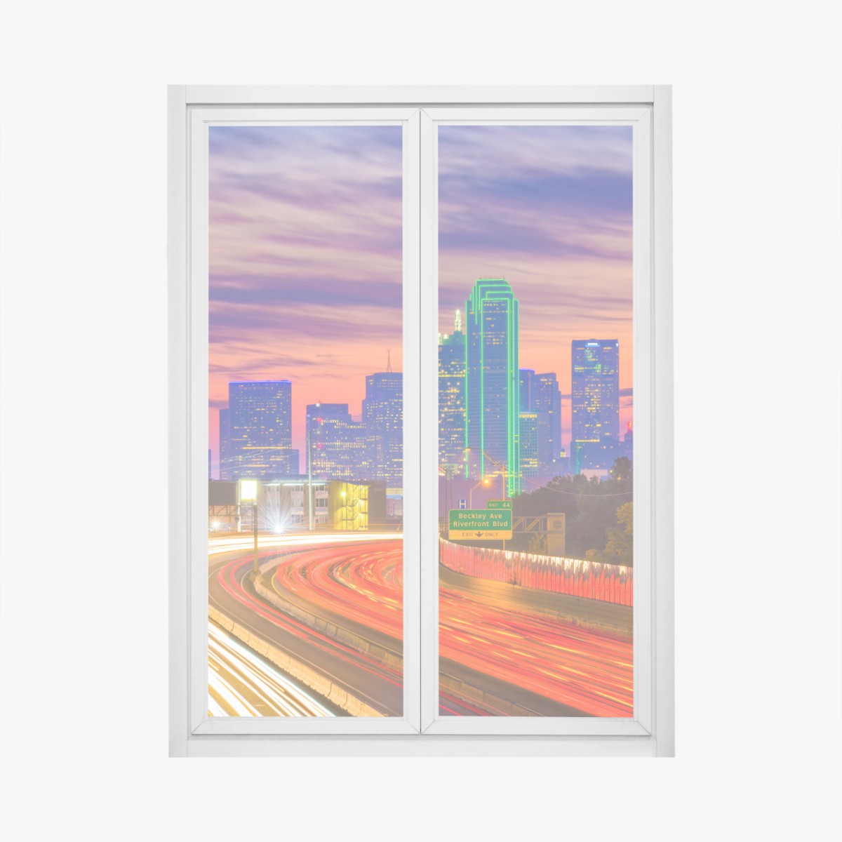 Fensteraufkleber panorama von Dallas bei sonnenuntergang mit lichtspuren auf der autobahn – Wallnifity®