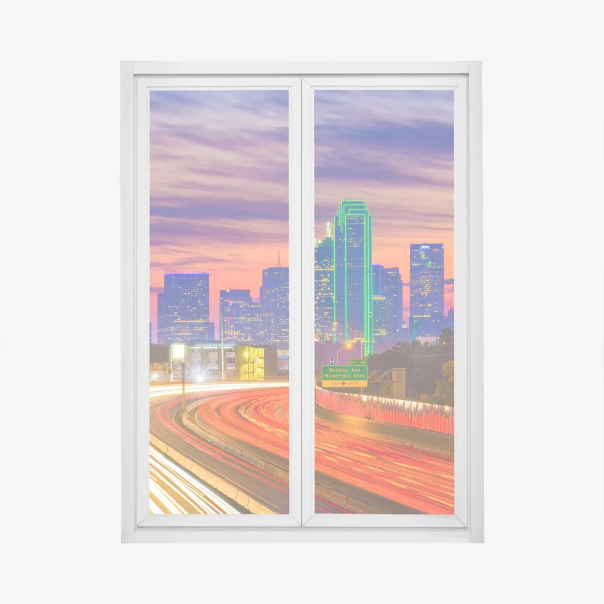 Fensteraufkleber panorama von Dallas bei sonnenuntergang mit lichtspuren auf der autobahn – Wallnifity® Fensteraufkleber panorama von Dallas bei sonnenuntergang mit lichtspuren auf der autobahn – Wallnifity®