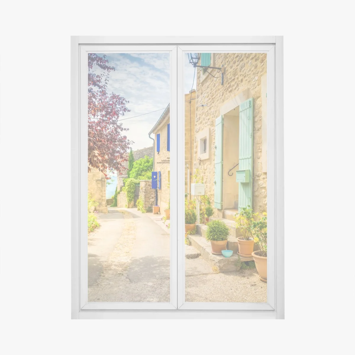 Fensteraufkleber sonnenbeschienene dorfstraße mit steinhäusern und bunten fensterläden – Wallnifity® Fensteraufkleber sonnenbeschienene dorfstraße mit steinhäusern und bunten fensterläden – Wallnifity®