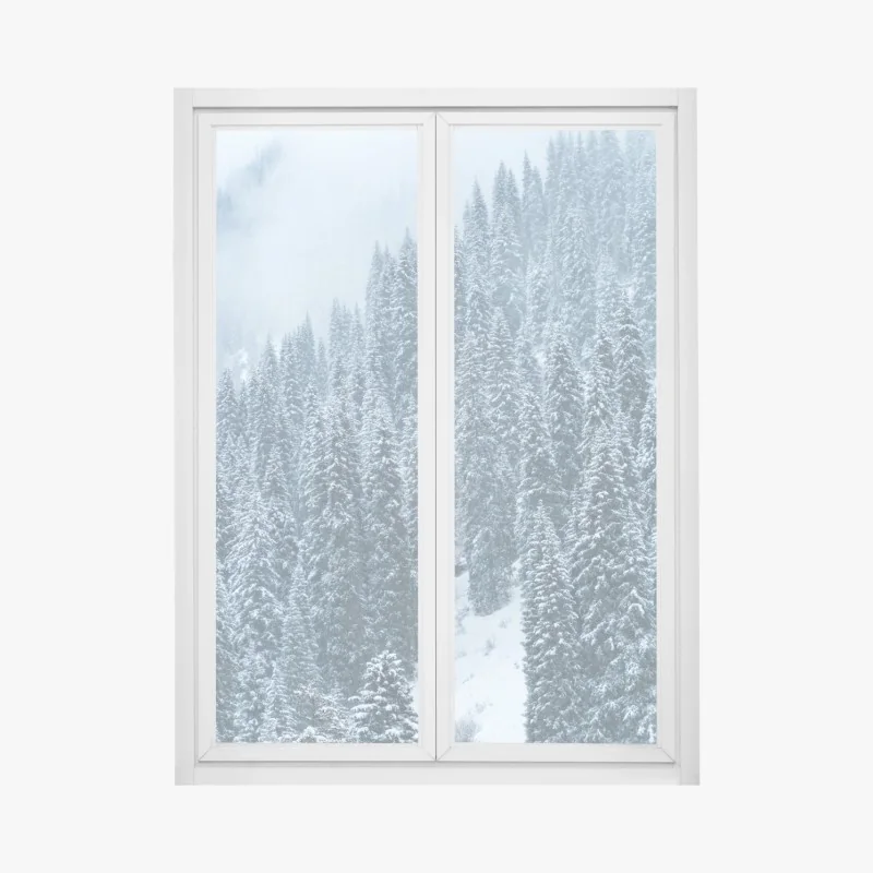 Fensteraufkleber nebeliger schneebedeckter kiefernwald