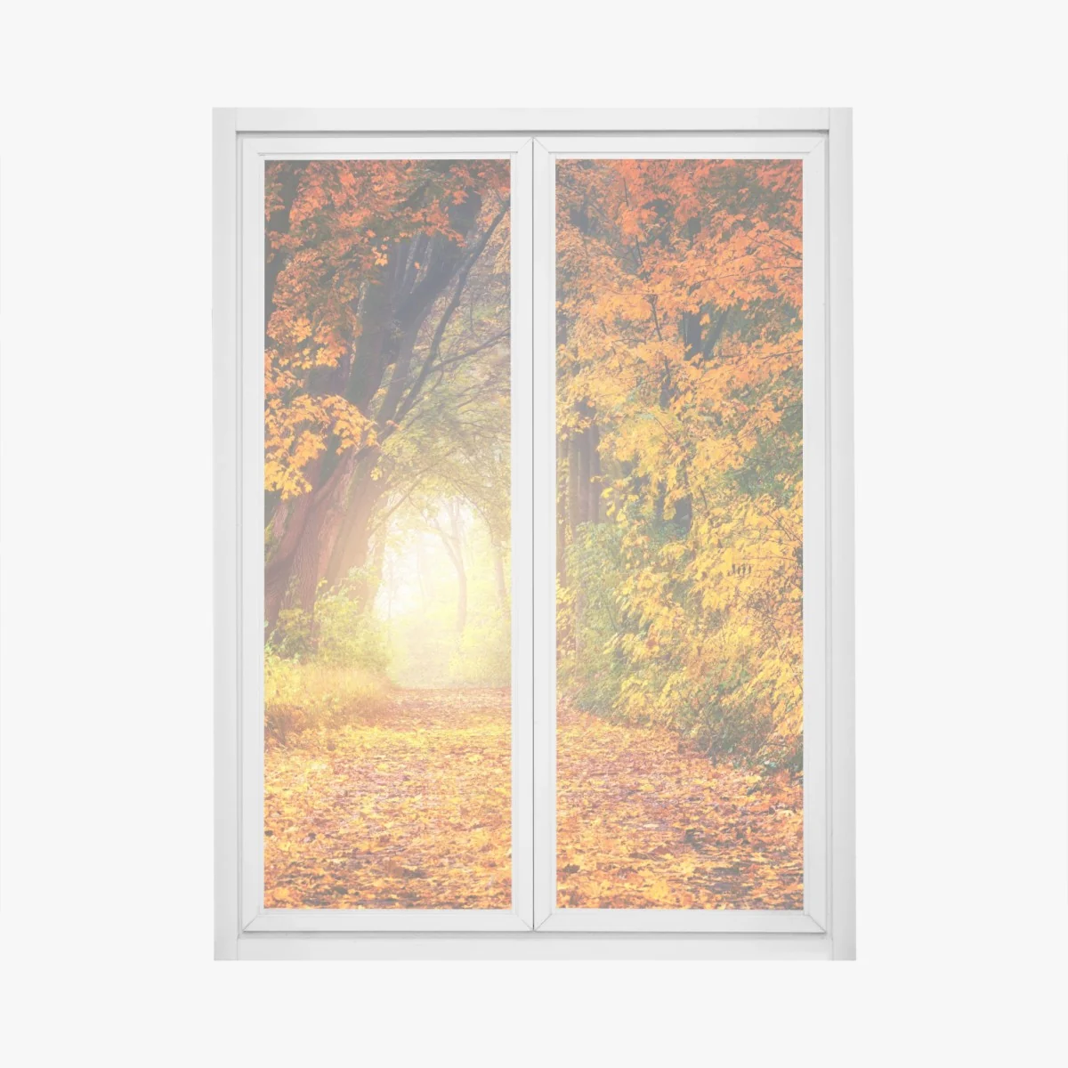 Fensteraufkleber herbstlicher waldpfad im goldenen licht – Wallnifity®