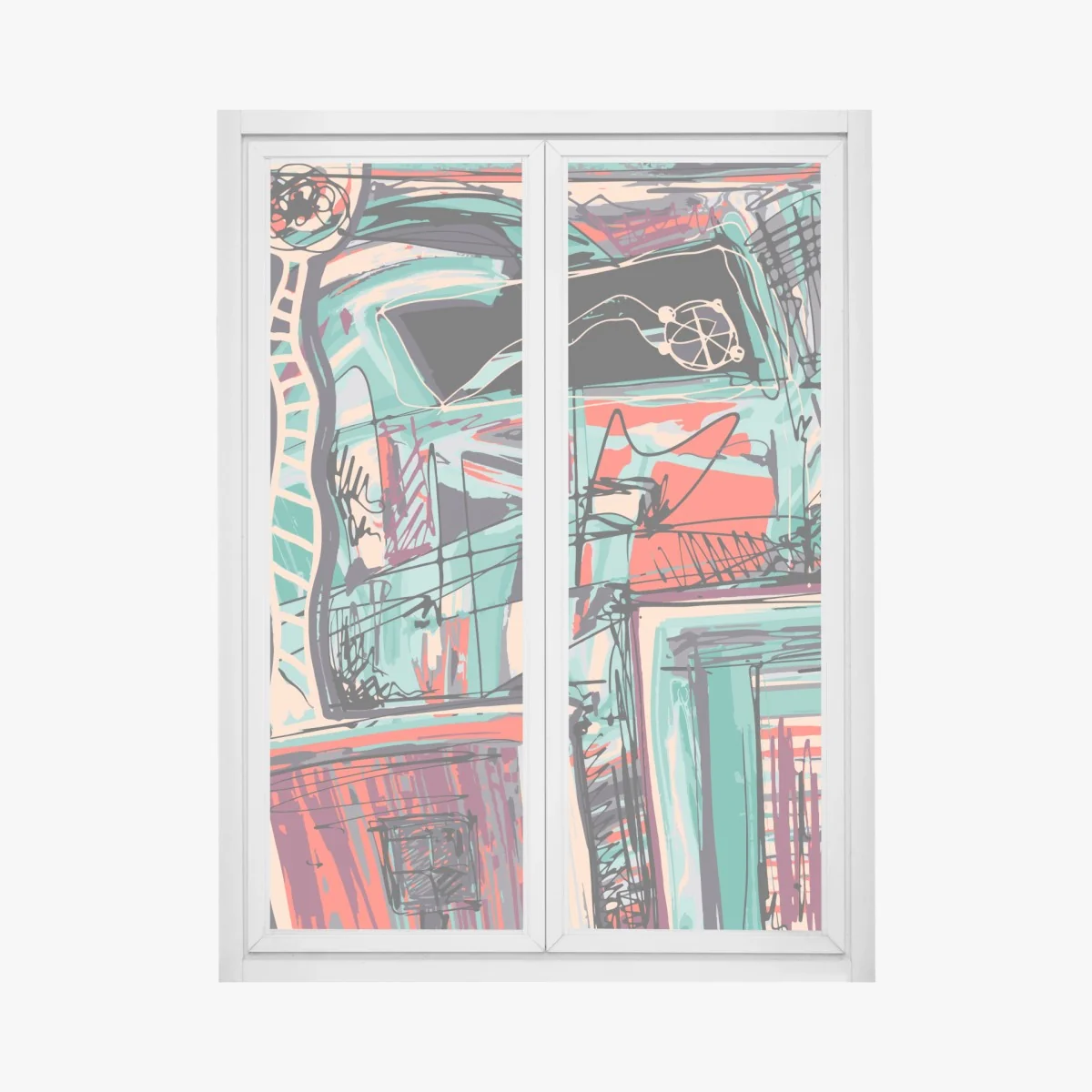 Fensteraufkleber türkis-korall abstrakte komposition – Wallnifity® Fensteraufkleber türkis-korall abstrakte komposition – Wallnifity®