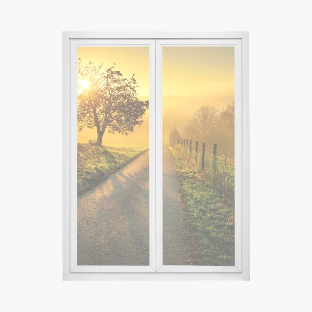 Fensteraufkleber sonnenbeschienener landweg durch die morgenwiese – Wallnifity®