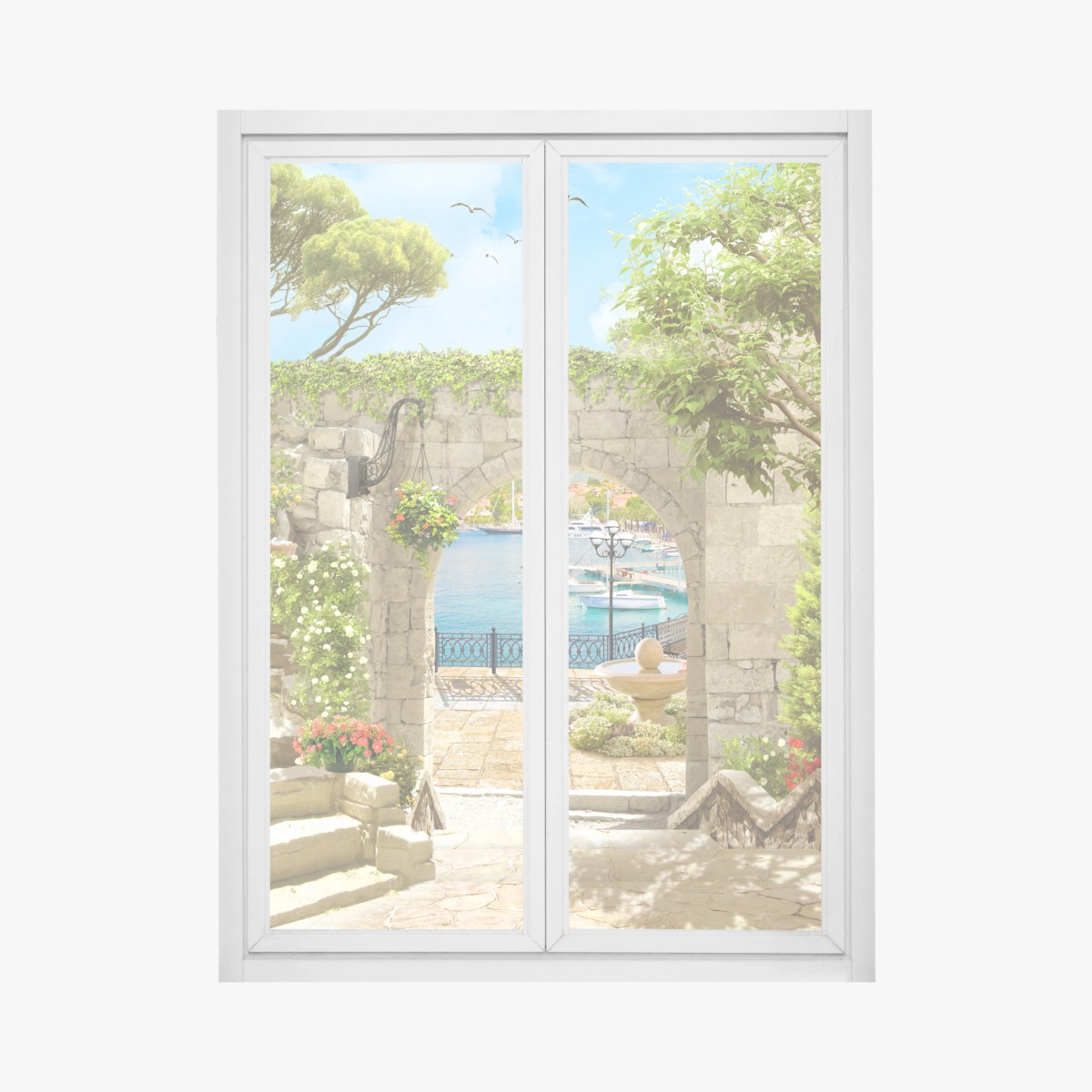 Fensteraufkleber mediterraner blick durch eine arkade – Wallnifity®