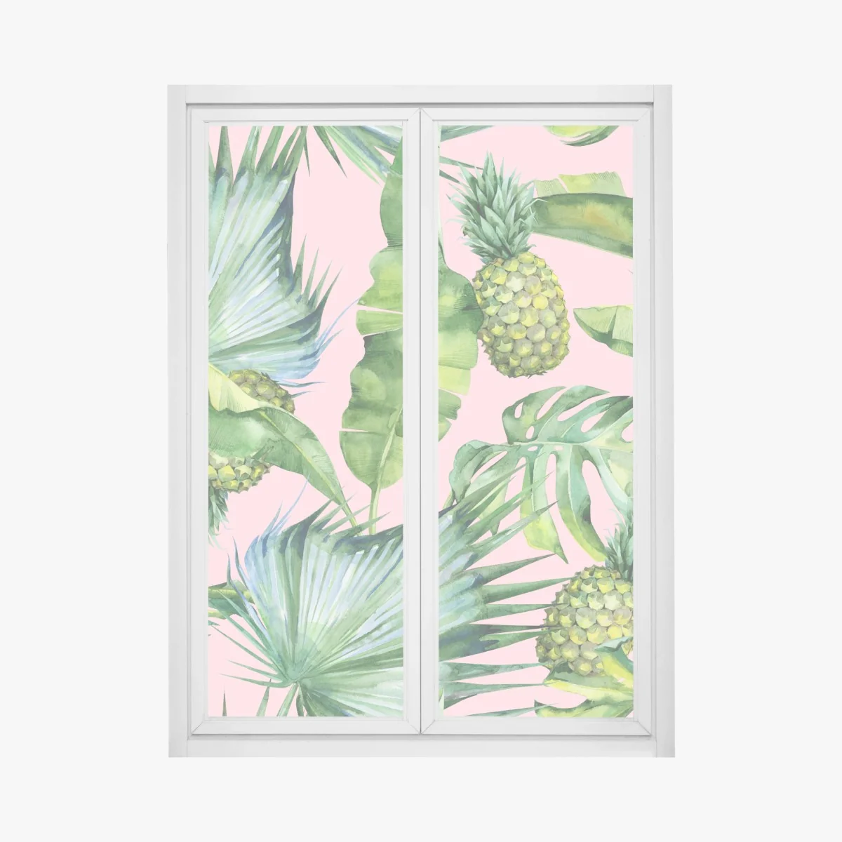 Fensteraufkleber tropisches ananas- und blattmuster in aquarell auf rosa hintergrund – Wallnifity® Fensteraufkleber tropisches ananas- und blattmuster in aquarell auf rosa hintergrund – Wallnifity®