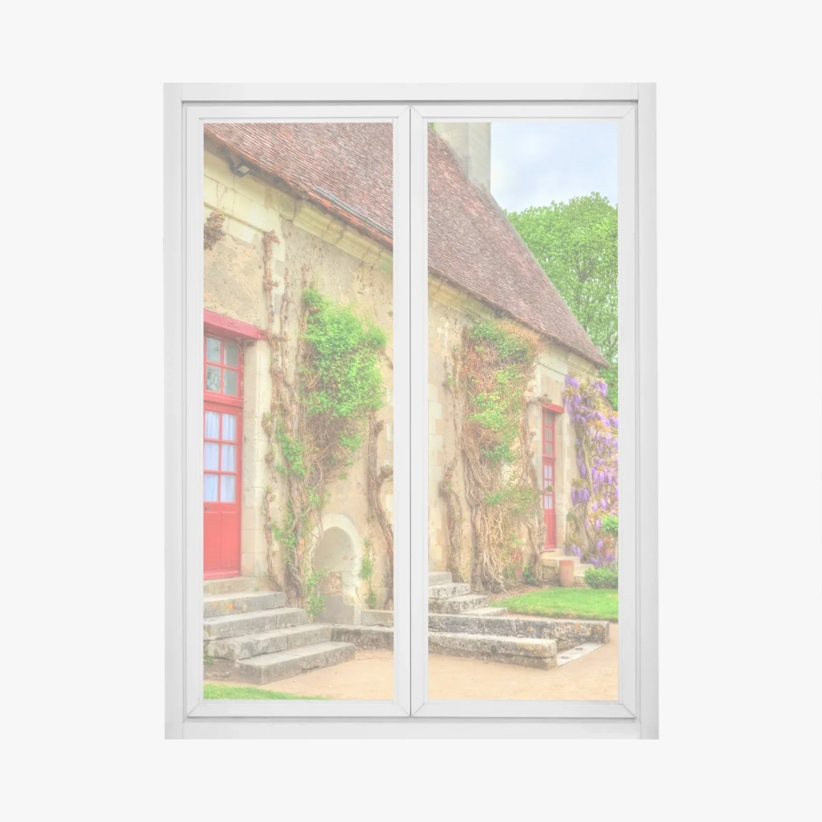 Fensteraufkleber reizendes landhaus mit blühender glyzinie – Wallnifity® Fensteraufkleber reizendes landhaus mit blühender glyzinie – Wallnifity®