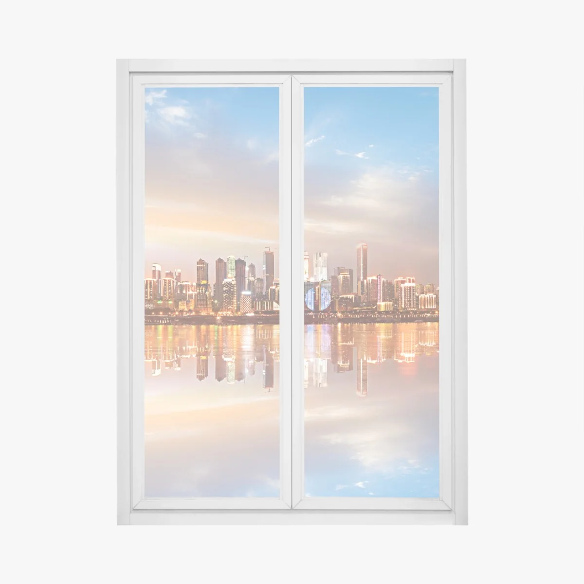 Fensteraufkleber stadtsilhouette im spiegelbild bei dämmerung – Wallnifity®