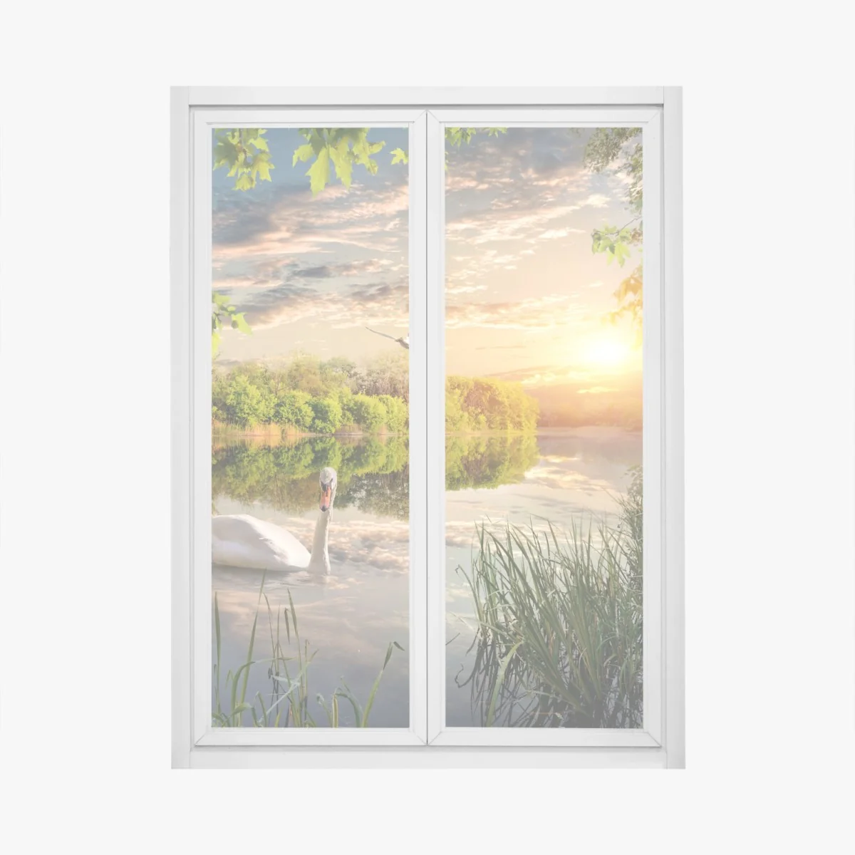 Fensteraufkleber sonnenuntergang mit schwan auf stillem see – Wallnifity® Fensteraufkleber sonnenuntergang mit schwan auf stillem see – Wallnifity®