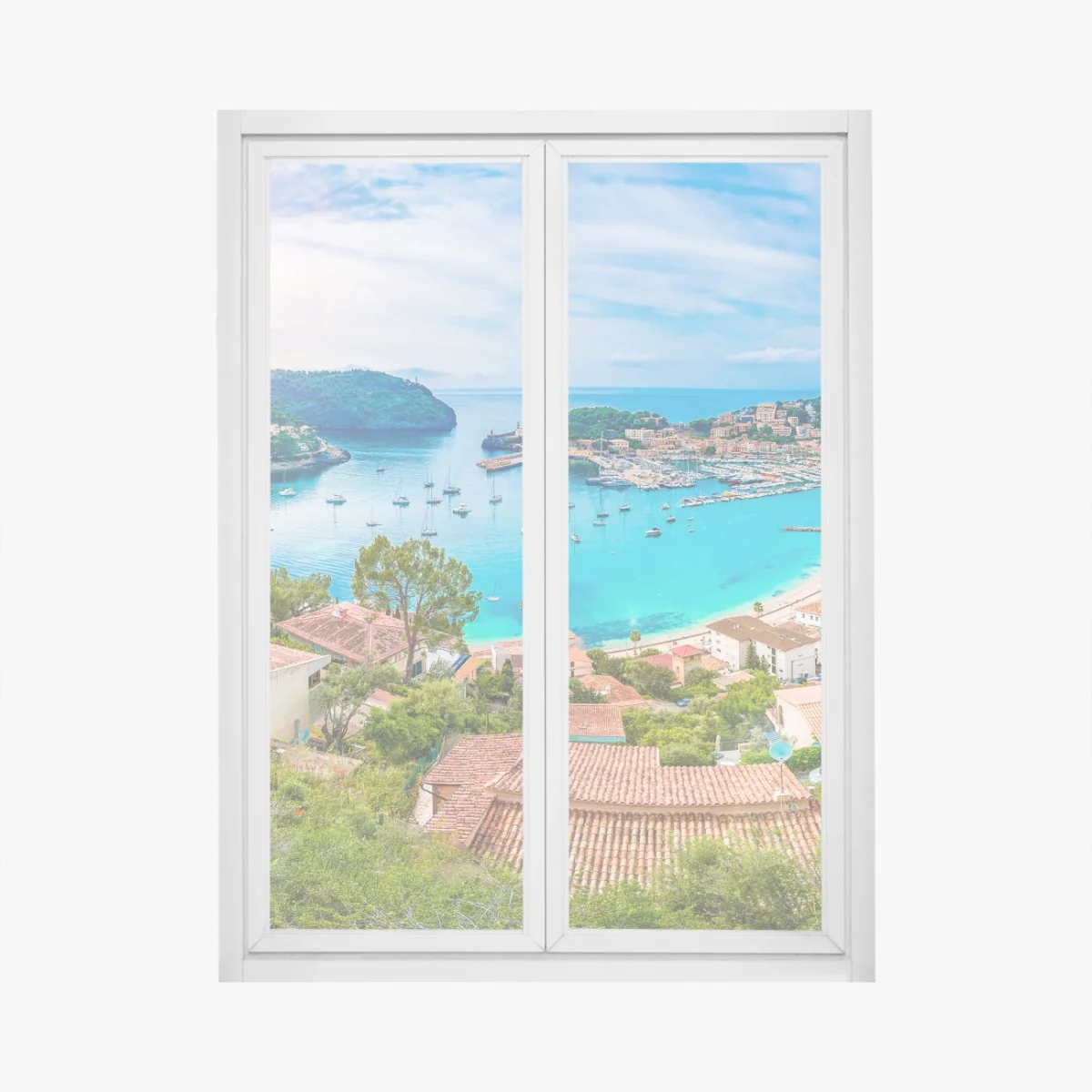 Fensteraufkleber sonnige panoramaaufnahme von Port de Soller – Wallnifity® Fensteraufkleber sonnige panoramaaufnahme von Port de Soller – Wallnifity®