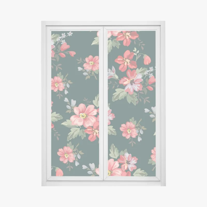 Fensteraufkleber vintage rosa blumenmuster auf tiefgrün
