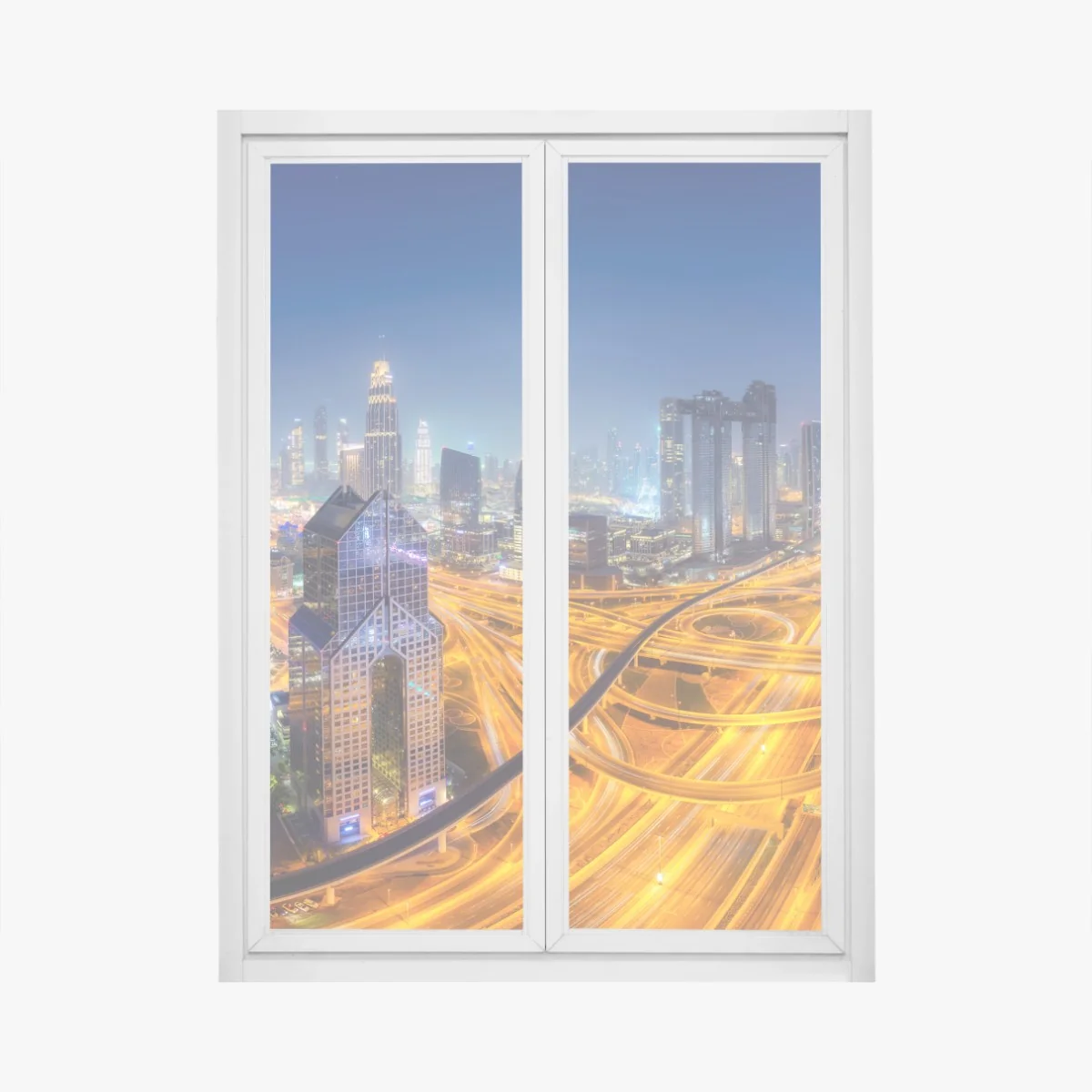 Fensteraufkleber panorama der nächtlichen skyline von Dubai – Wallnifity® Fensteraufkleber panorama der nächtlichen skyline von Dubai – Wallnifity®