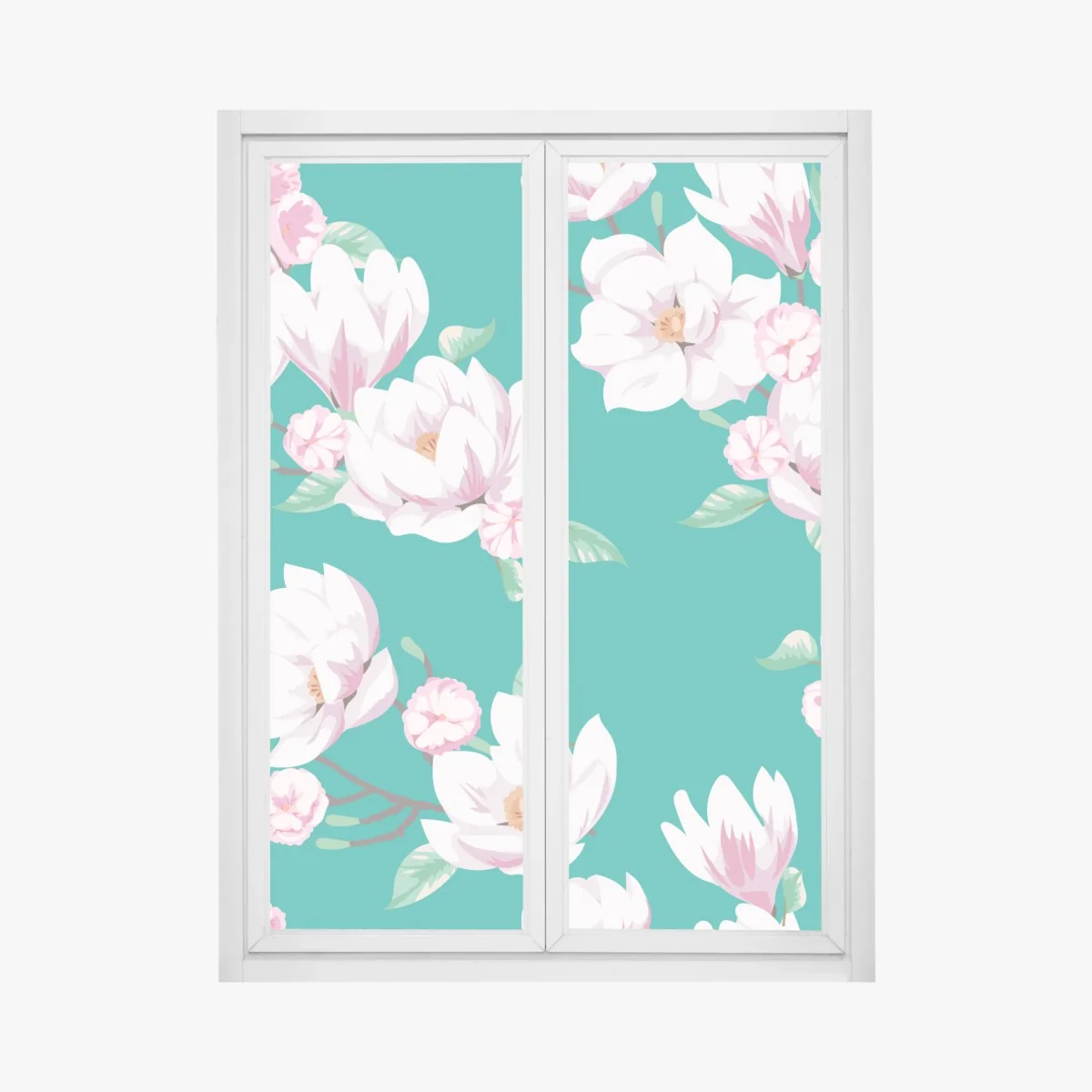 Fensteraufkleber pastell magnolienmuster auf türkisfarbenem hintergrund – Wallnifity®