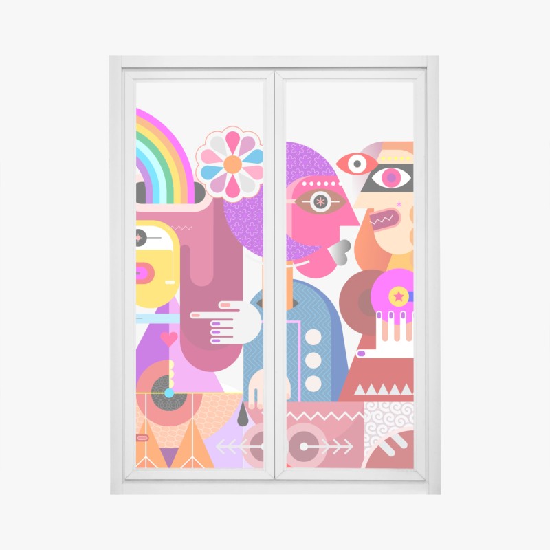 Fensteraufkleber mann mit regenbogen reitet geometrischen vogel