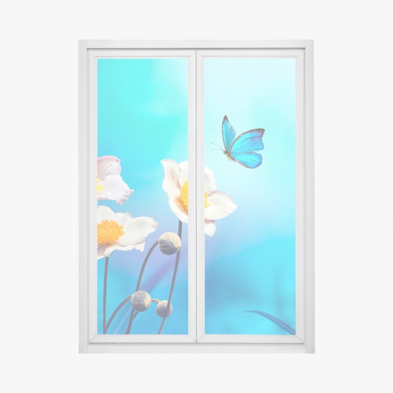 Fensteraufkleber zarte rosa anemonen und blauer schmetterling