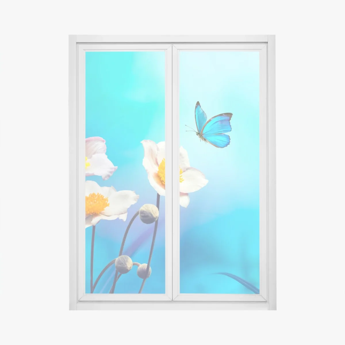 Fensteraufkleber zarte rosa anemonen und blauer schmetterling – Wallnifity® Fensteraufkleber zarte rosa anemonen und blauer schmetterling – Wallnifity®