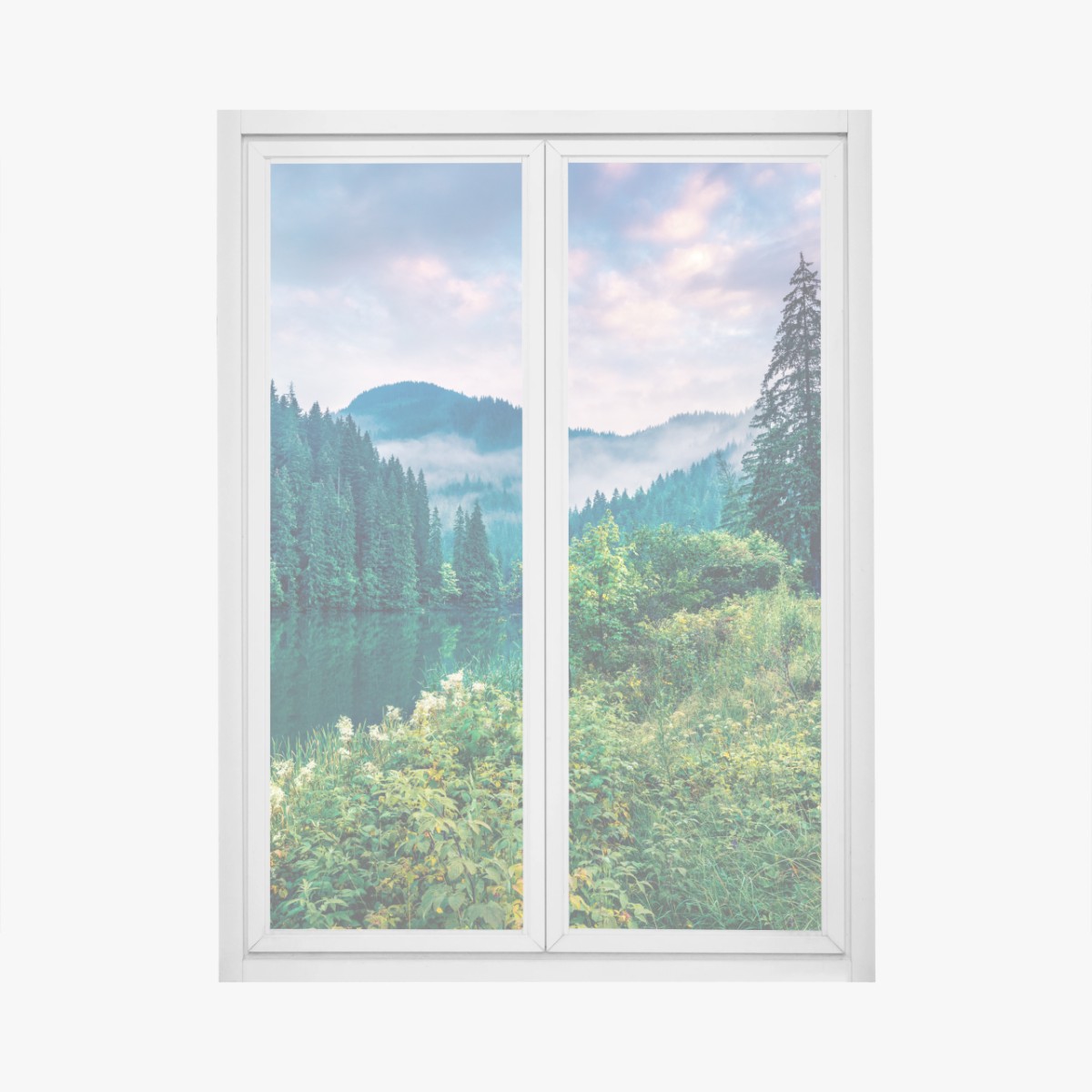 Fensteraufkleber nebliger sonnenaufgang über Lacu Rosu – Wallnifity®