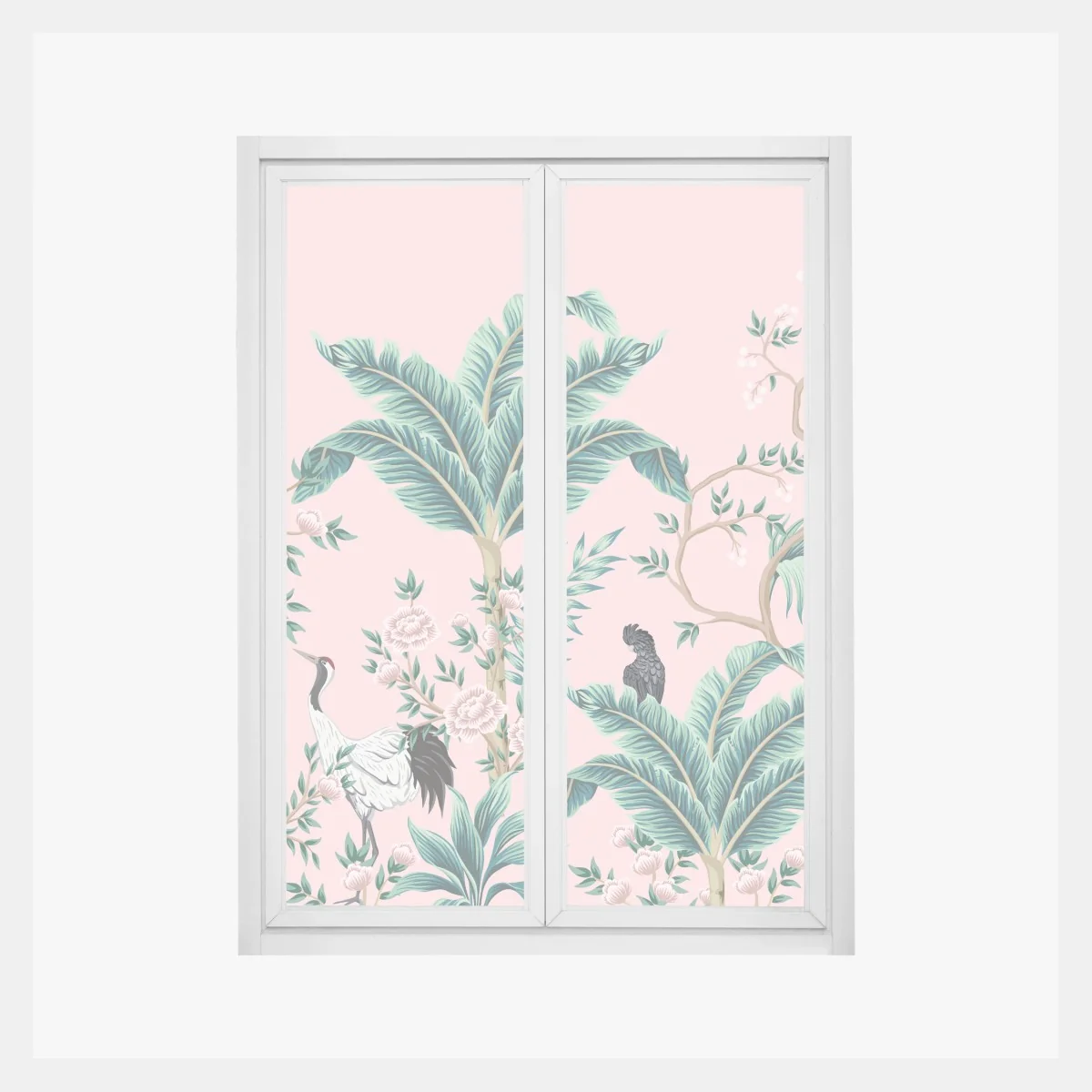 Fensteraufkleber pastell tropisches botanisches muster mit kranichen – Wallnifity® Fensteraufkleber pastell tropisches botanisches muster mit kranichen – Wallnifity®