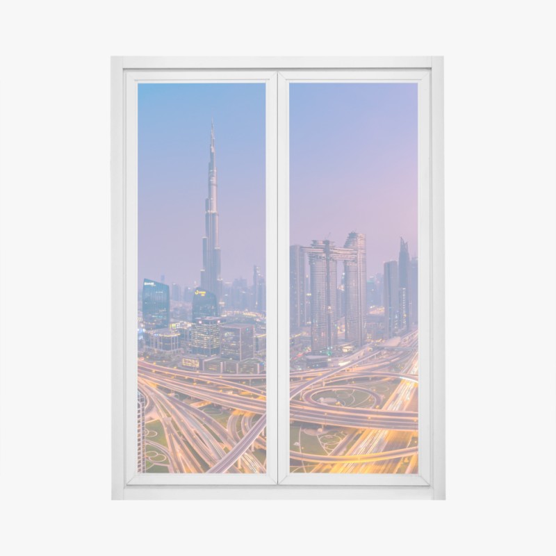 Fensteraufkleber panoramablick auf Dubai bei dämmerung