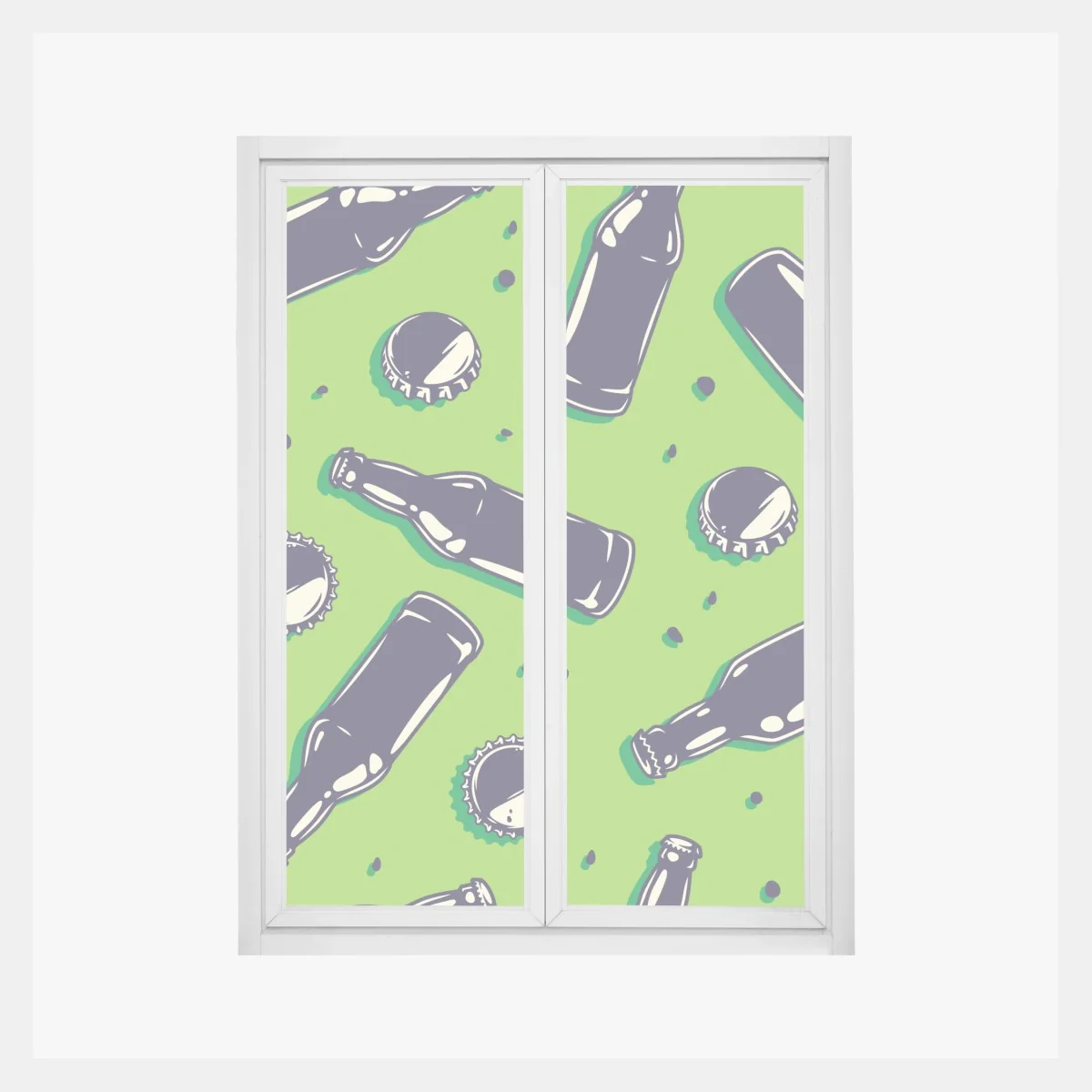 Fensteraufkleber grünes pop-art-muster mit bierflaschen und kronkorken – Wallnifity® Fensteraufkleber grünes pop-art-muster mit bierflaschen und kronkorken – Wallnifity®