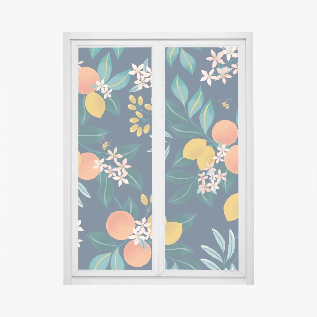 Fensteraufkleber botanisches zitronen- und orangenmuster auf marineblauem hintergrund – Wallnifity®