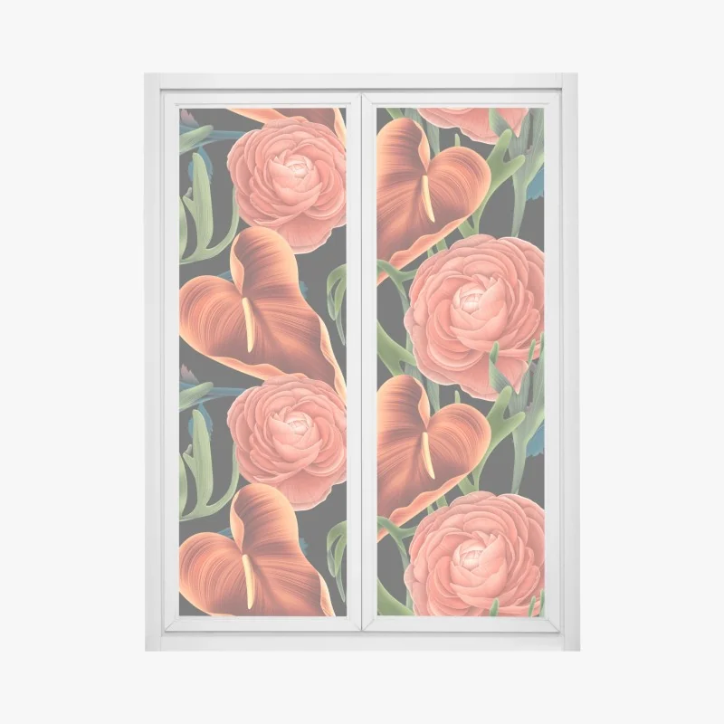 Fensteraufkleber lebhaftes korallenblumenmuster auf schwarzem hintergrund