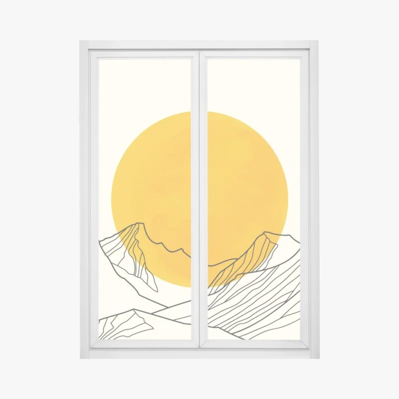 Fensteraufkleber goldene sonne über minimalistischen bergen