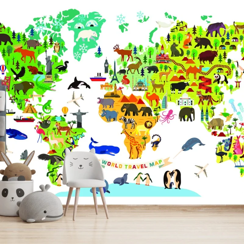 Fototapete bunte weltkarte mit tieren