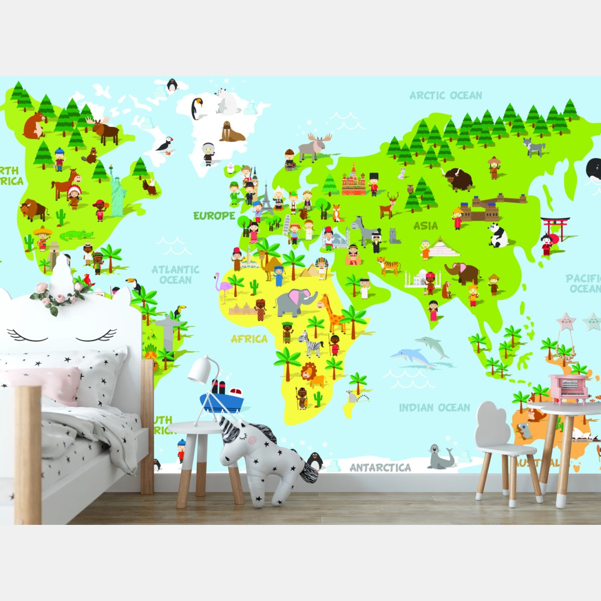 Fototapete bunte weltkarte mit tieren und kindern – Wallnifity®