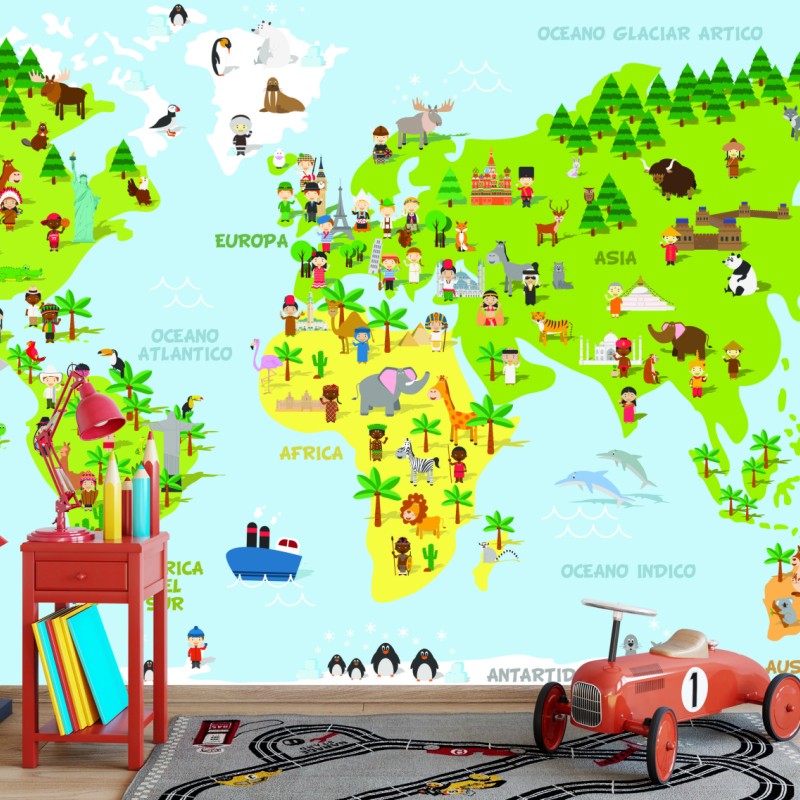 Fototapete bunte illustrierte weltkarte für kinder