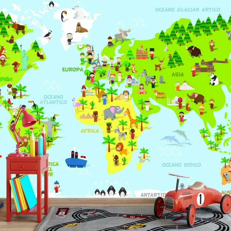 Fototapete bunte illustrierte weltkarte für kinder