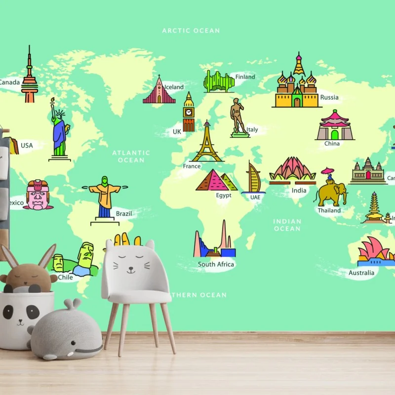 Fototapete bunte illustrierte weltkarte mit sehenswürdigkeiten