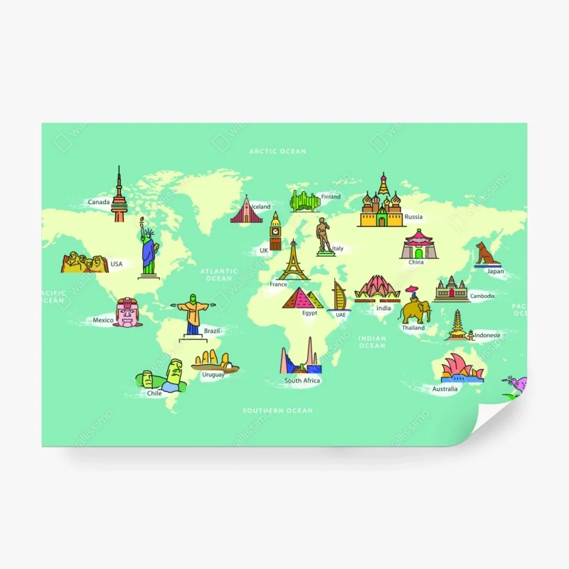 Fototapete bunte illustrierte weltkarte mit sehenswürdigkeiten
