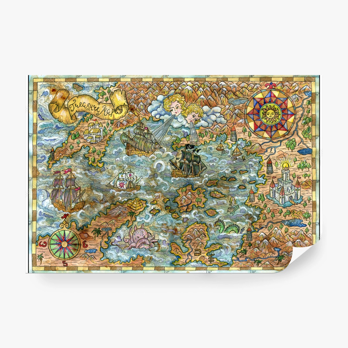 Fototapete verspielte schatzkarte aquarellillustration – Wallnifity® Fototapete verspielte schatzkarte aquarellillustration – Wallnifity®