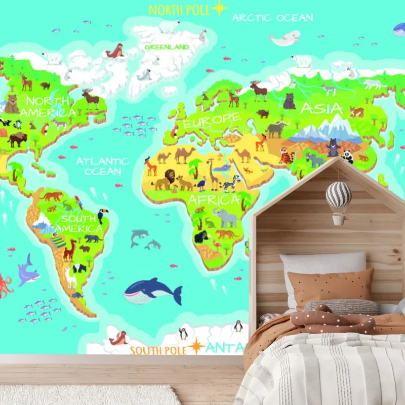 Fototapete bunte weltkarte mit tieren für kinder – Wallnifity® Fototapete bunte weltkarte mit tieren für kinder – Wallnifity®